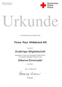 DRK-Urkunde zur 25-jährigen Mitgliedschaft der Paul Hildebrandt AG